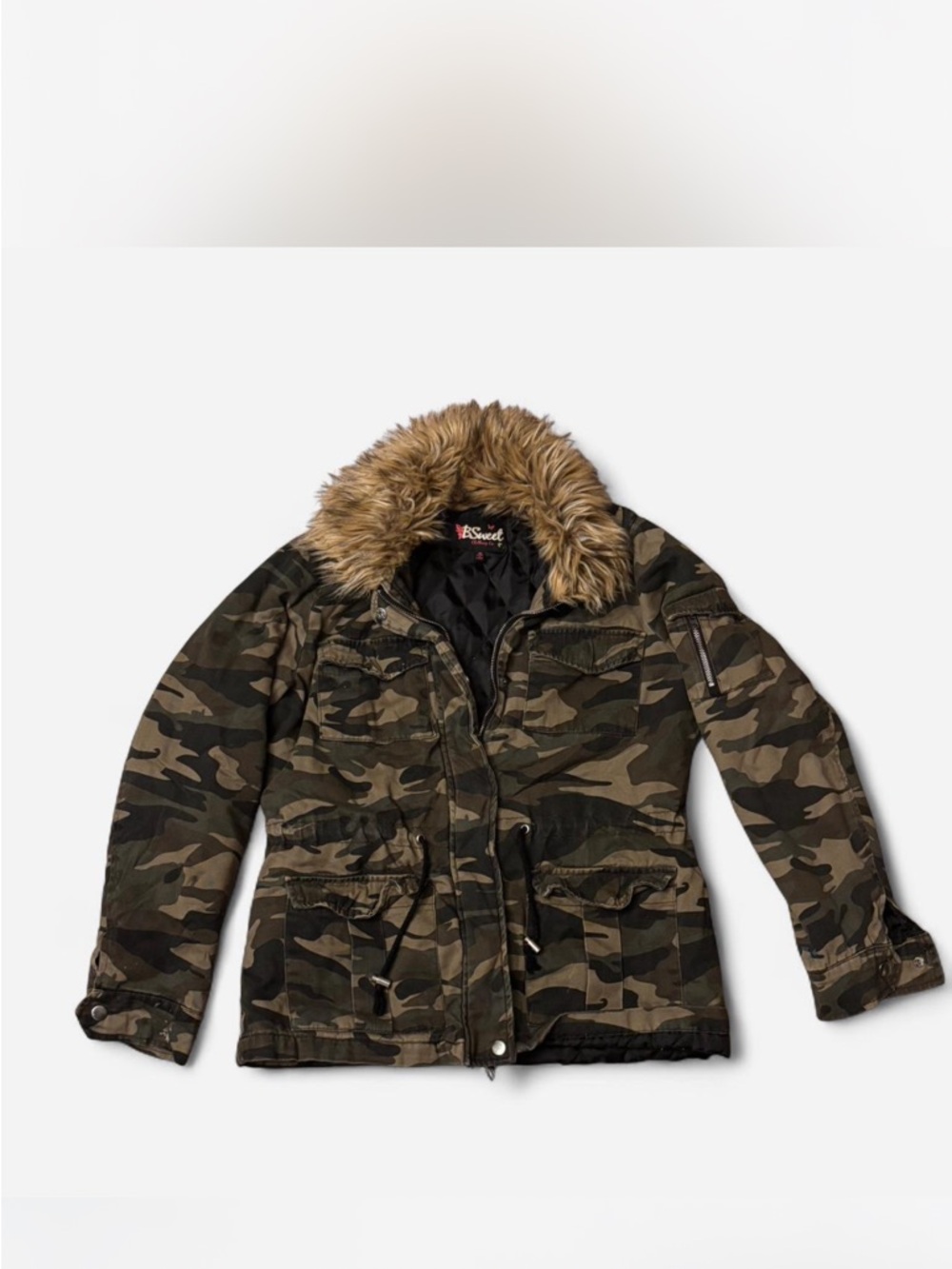 Faux Fur Hooded Camo Military Jacket